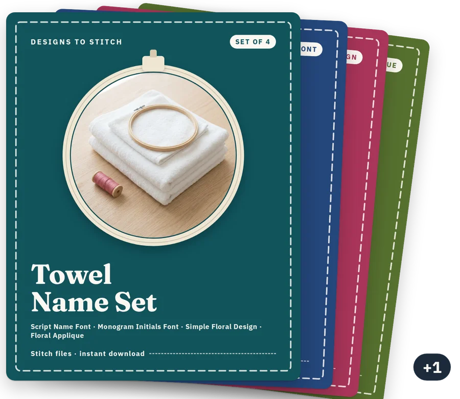 Towel Name Set cover: plain folded towels in an embroidery hoop window, with the covers of the products it holds behind it