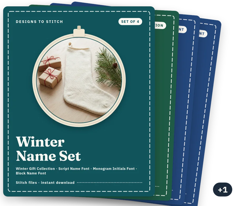 Winter Name Set cover: a plain stocking and wrapped gifts in an embroidery hoop window, with the covers of the products it holds behind it