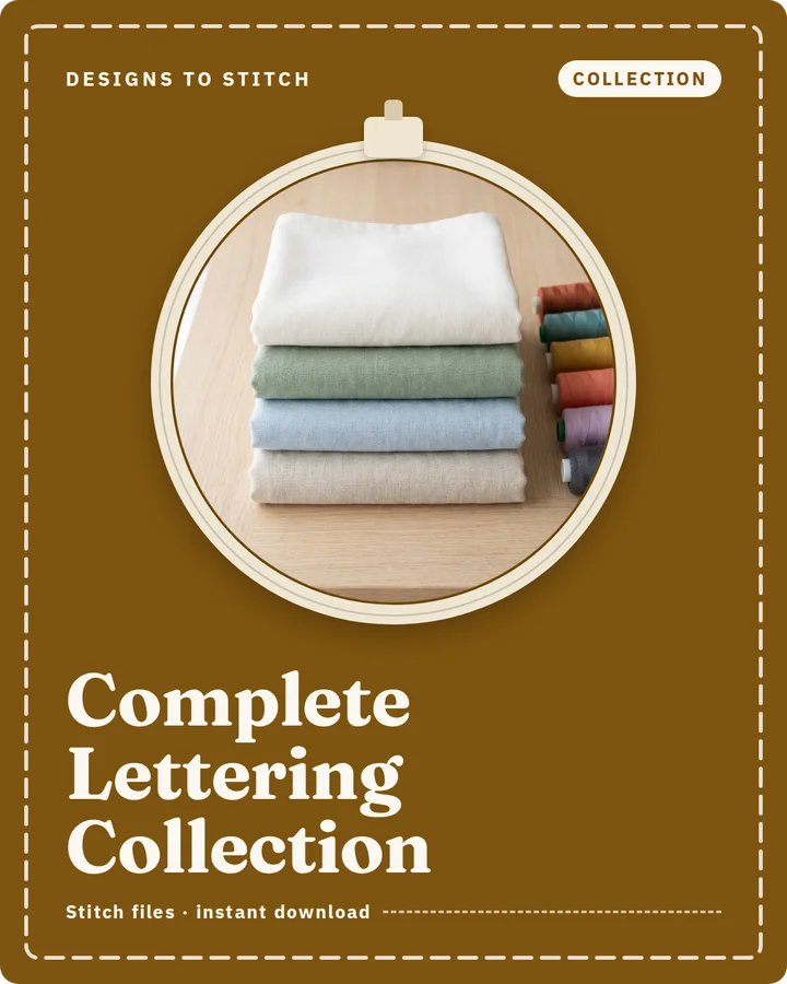 Complete Lettering Collection cover: a stack of plain towels and thread cones in an embroidery hoop window