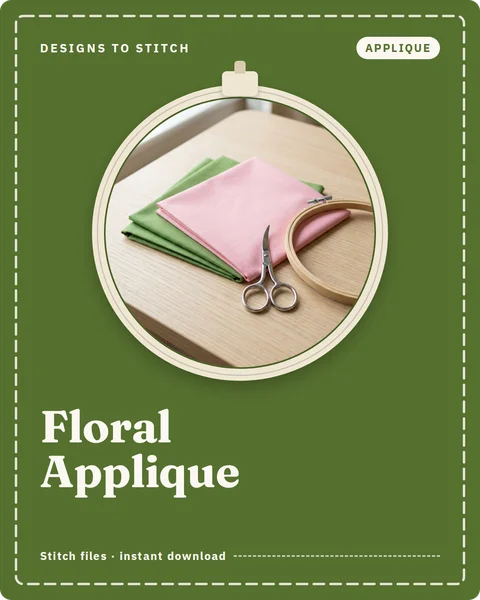 Floral Applique cover: cotton fabric scraps and small scissors in an embroidery hoop window