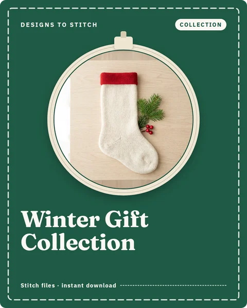 Winter Gift Collection cover: a plain knit stocking and a pine sprig in an embroidery hoop window