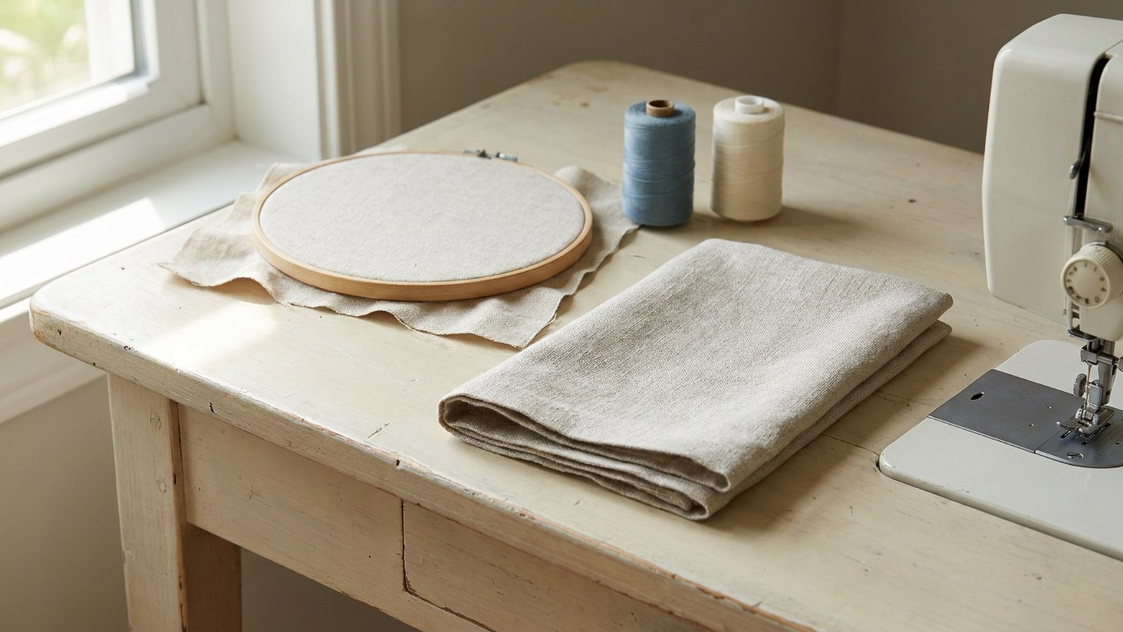 Illustration of a folded linen towel, an embroidery hoop, thread spools and a sewing machine on a wood table, with no letters.