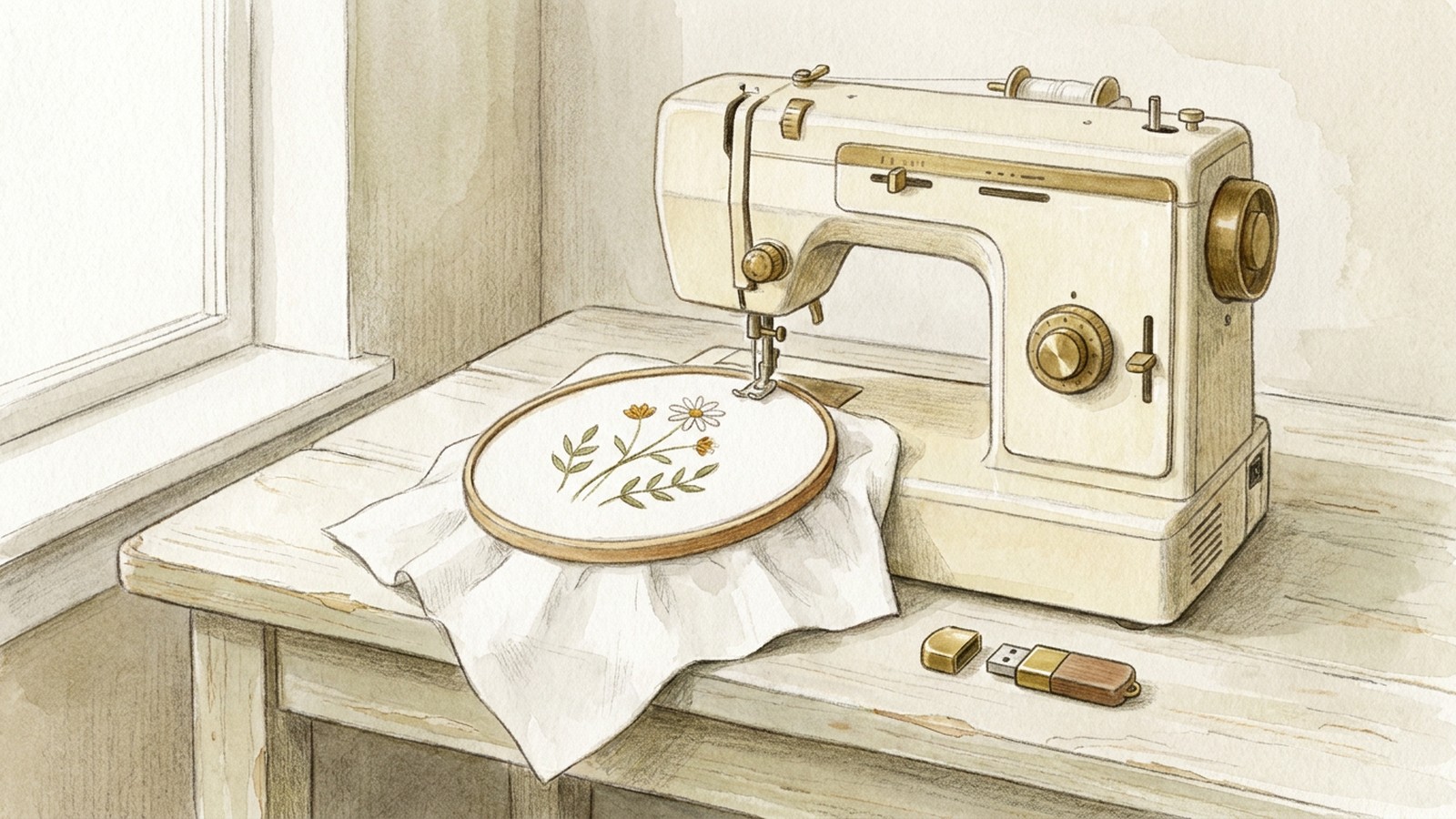 Illustration of a home sewing machine on a wooden table, with a hoop of stitched flowers and a USB flash drive beside it.