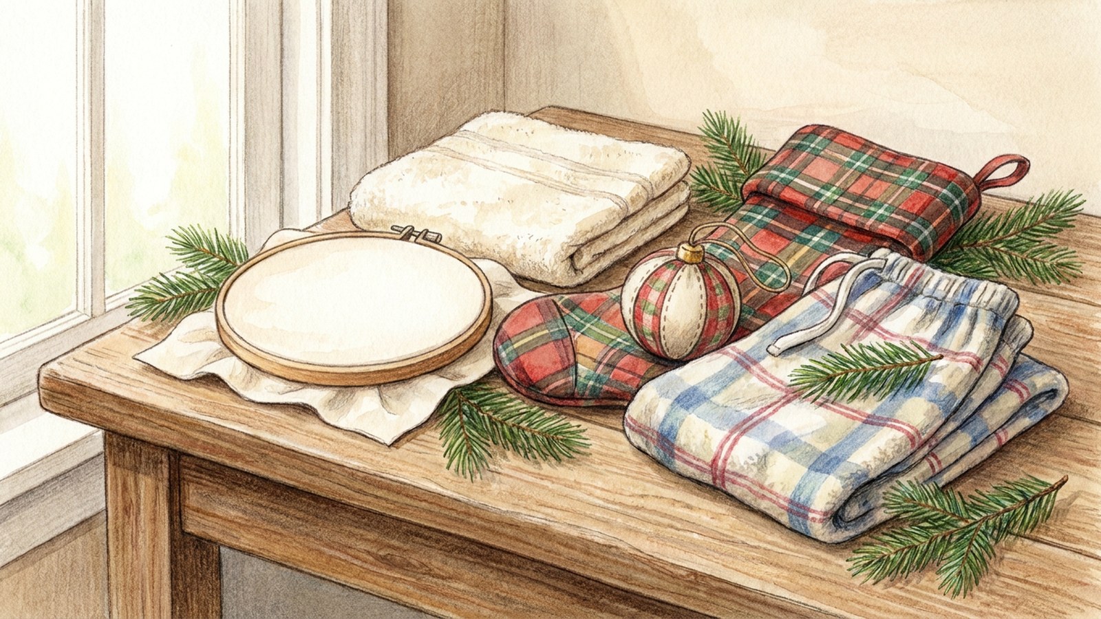 Illustration of a wooden embroidery hoop, folded cream towels, a plaid stocking, a round ornament, and folded plaid pants on a wooden table. Illustration only.