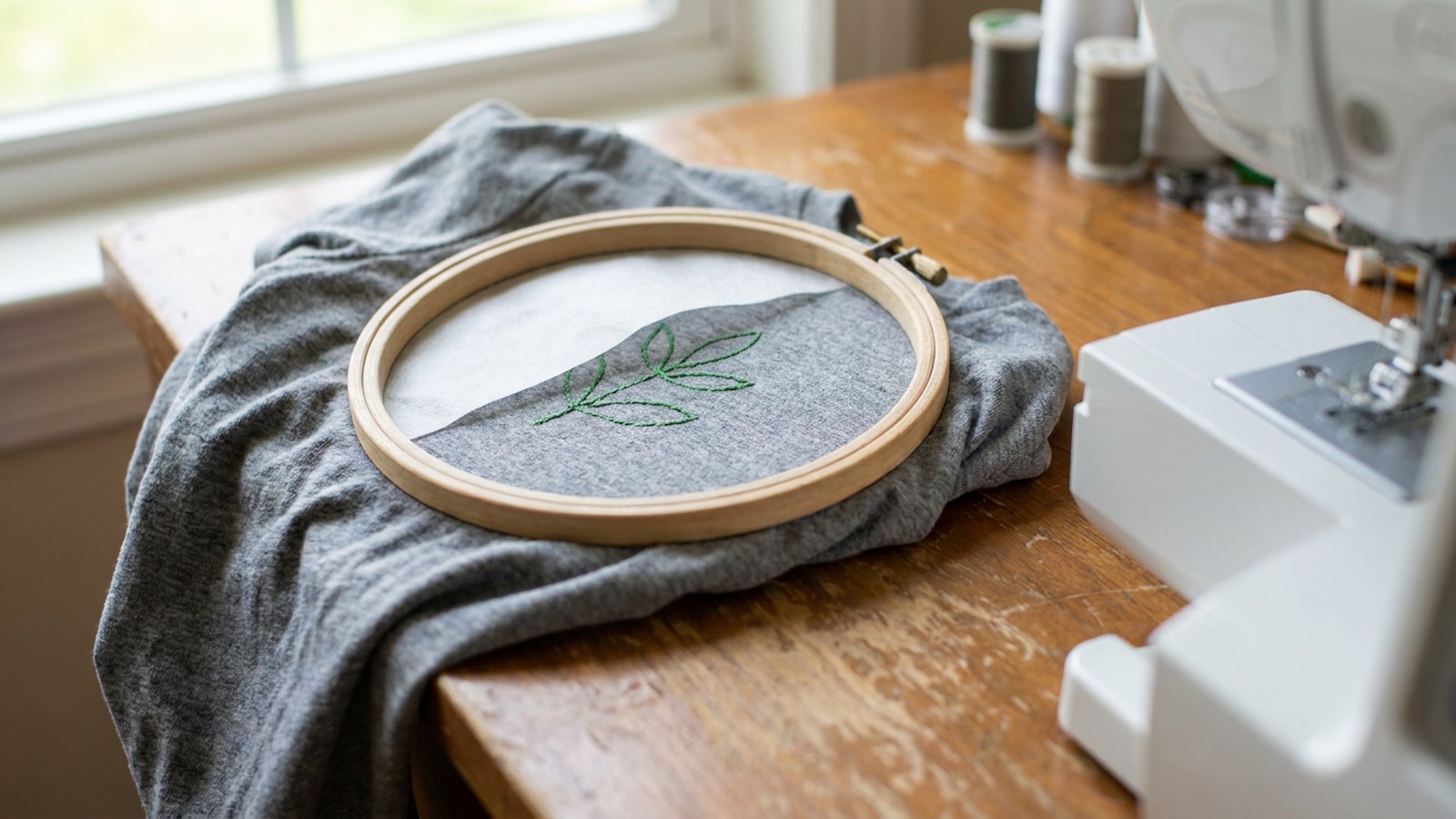 Illustration of a gray T-shirt in a wooden hoop on a sewing table, white stabilizer under a small green leaf stitch, and a sewing machine at the right. Illustration only, not a product photo.