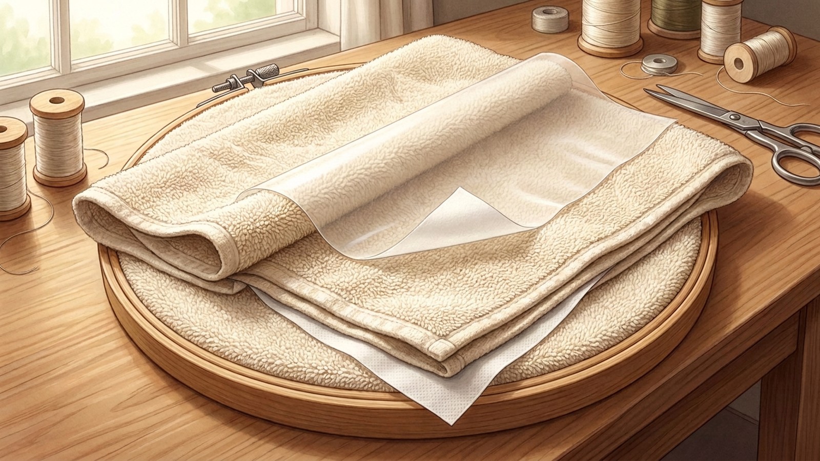 Illustration of a folded cream terry towel in a wooden hoop, with a clear film over the pile and a white stabilizer sheet underneath. Illustration only.
