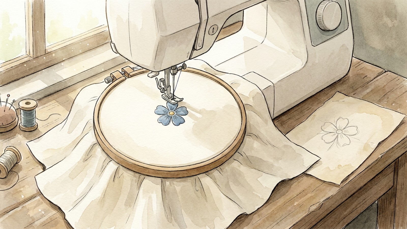 Illustration of a sewing machine stitching a blue flower in a wooden hoop, with a pencil sketch of that flower on paper beside it.