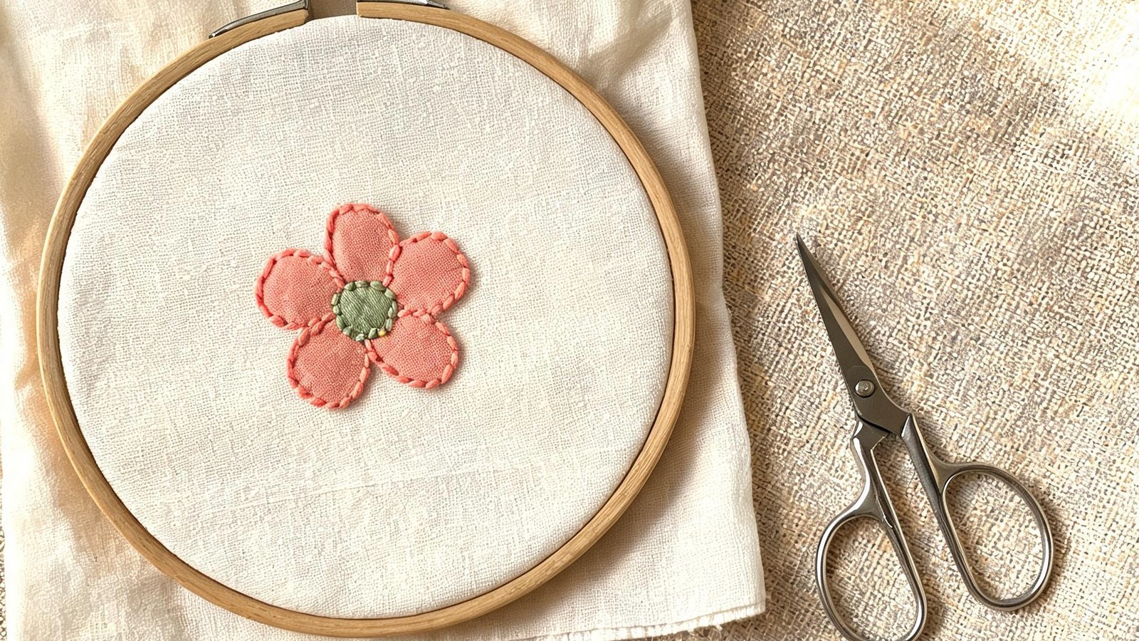 Illustration of a wooden hoop on cream cloth with a coral fabric flower and a green center, scissors beside the hoop. Illustration only.